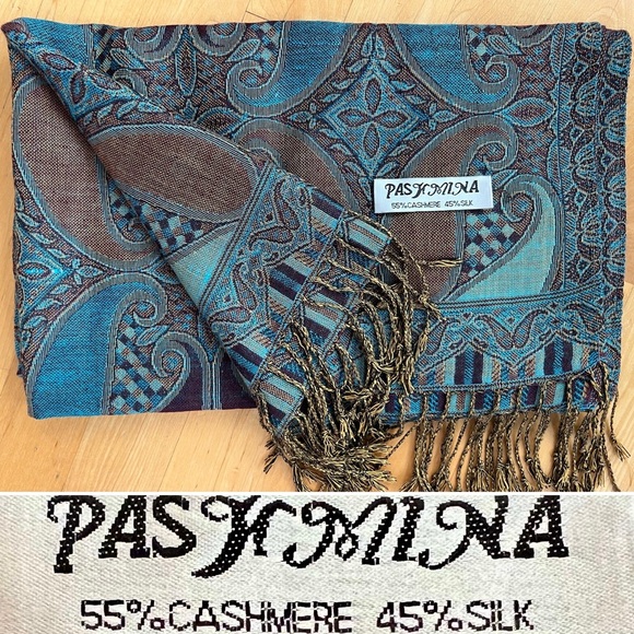 pashmina Accessories - ☯️Like New Reversible Blue / Brown / Rust Paisley Pashmina/Silk/Wrap/Shawl